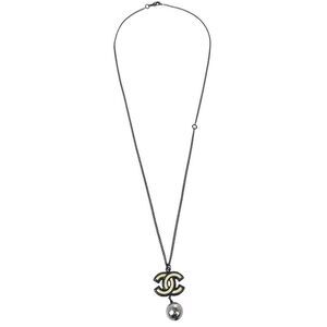 Chanel Cc Pearl Drop Metal With Pearls Black Metal Necklace Jewelry